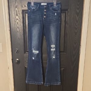 KanCan Dark Blue Button Fly Distressed Flare Jeans